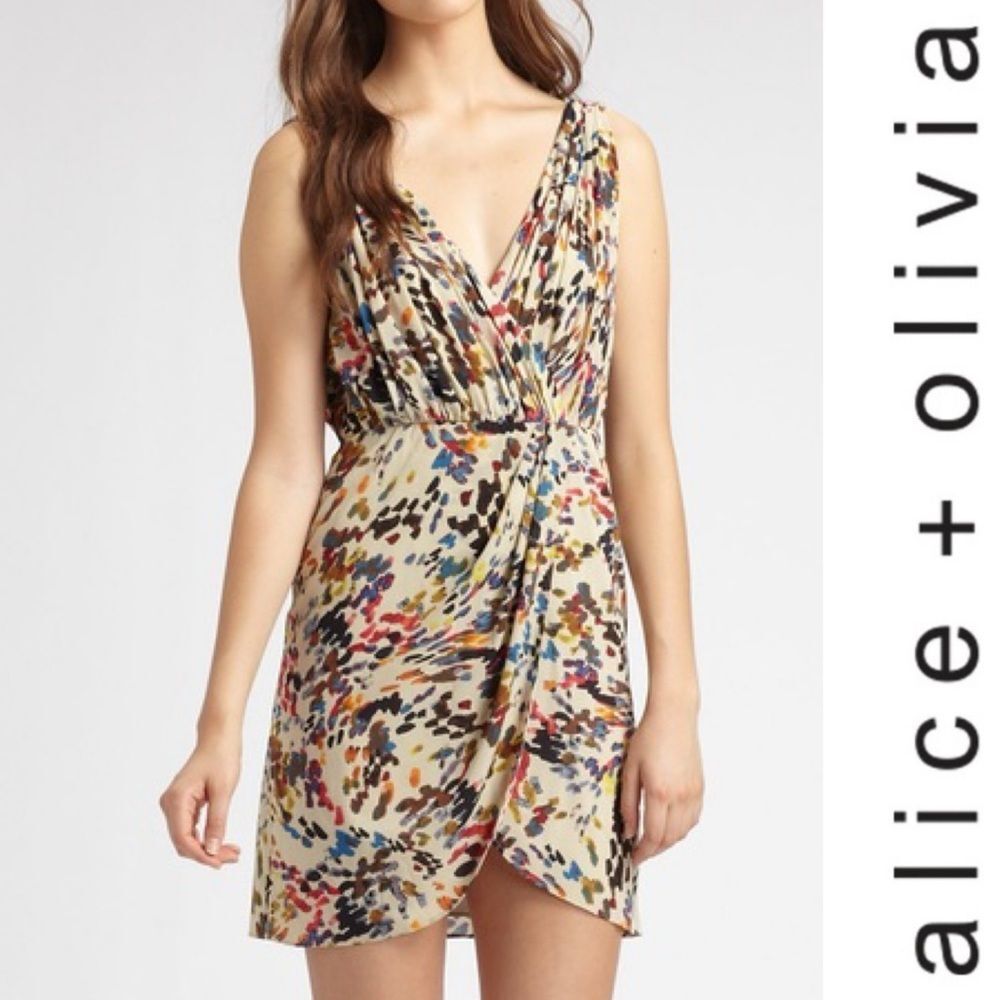 Alice + Olivia Cream Abstract Multicolor Wrap Mini Dress